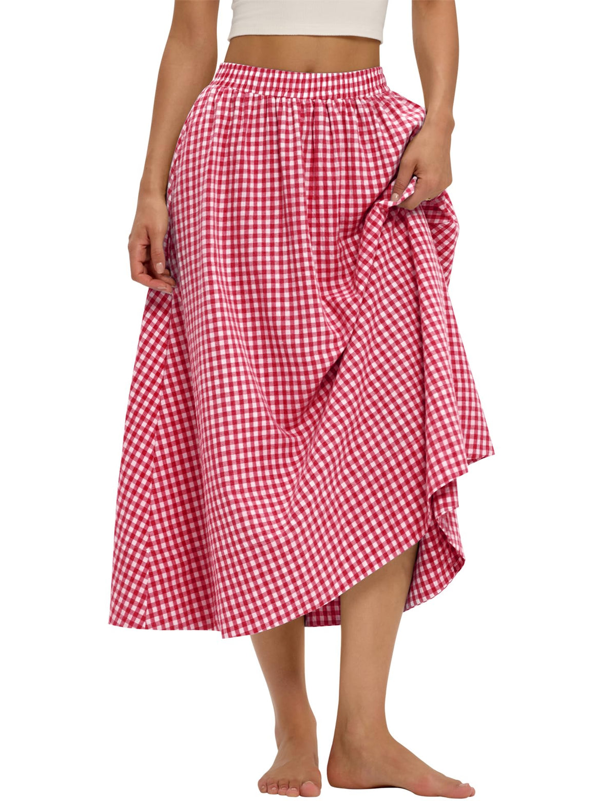 LOMON Midi Skirts for Women with Pockets A-Line Cotton Flowy Elastic Waist
