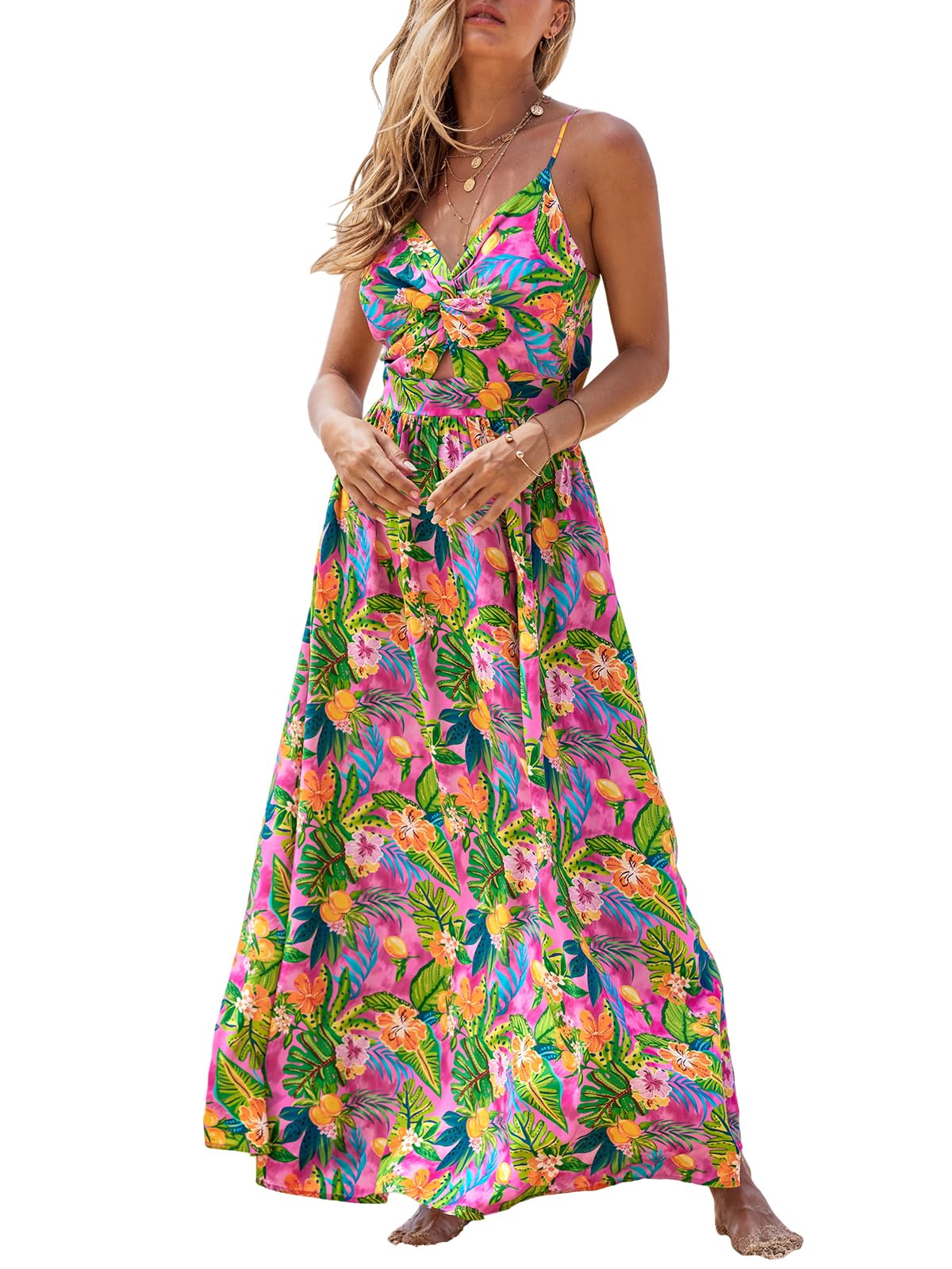 CUPSHE Women's Maxi Dress Floral Print Twisted V Neck Sleeveless Long Dress Summer Casual Dress