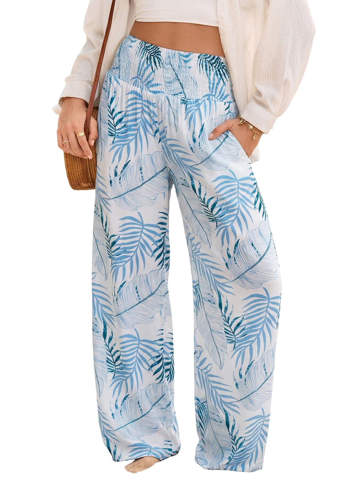 Dokotoo Women's Summer Boho Floral Bagyy Pants Wide Leg High Smocked Waist Casual Loose Palazzo Pants with Pocket