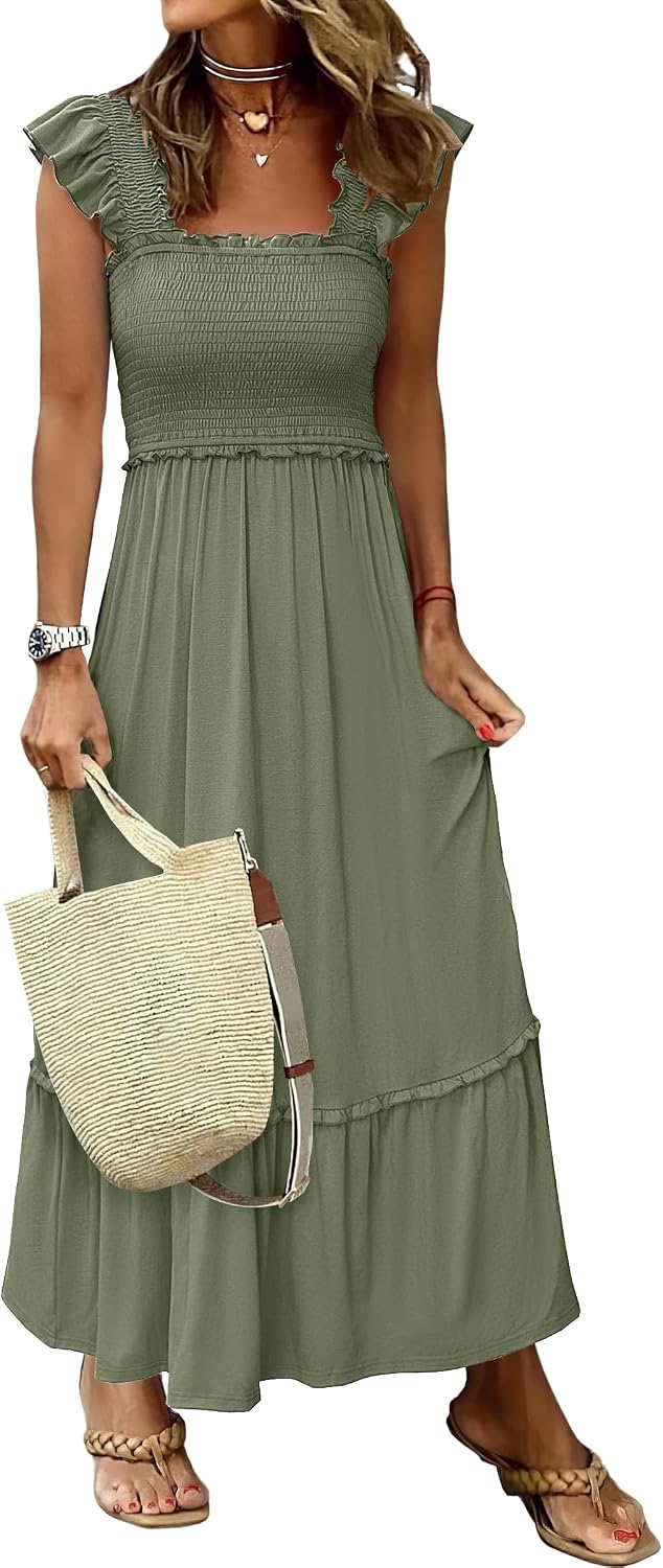 ANRABESS Womens Summer Sleeveless Maxi Dress Square Neck Smocked Boho Casual Ruffle Strap Flowy A-Line Long Beach Sundress