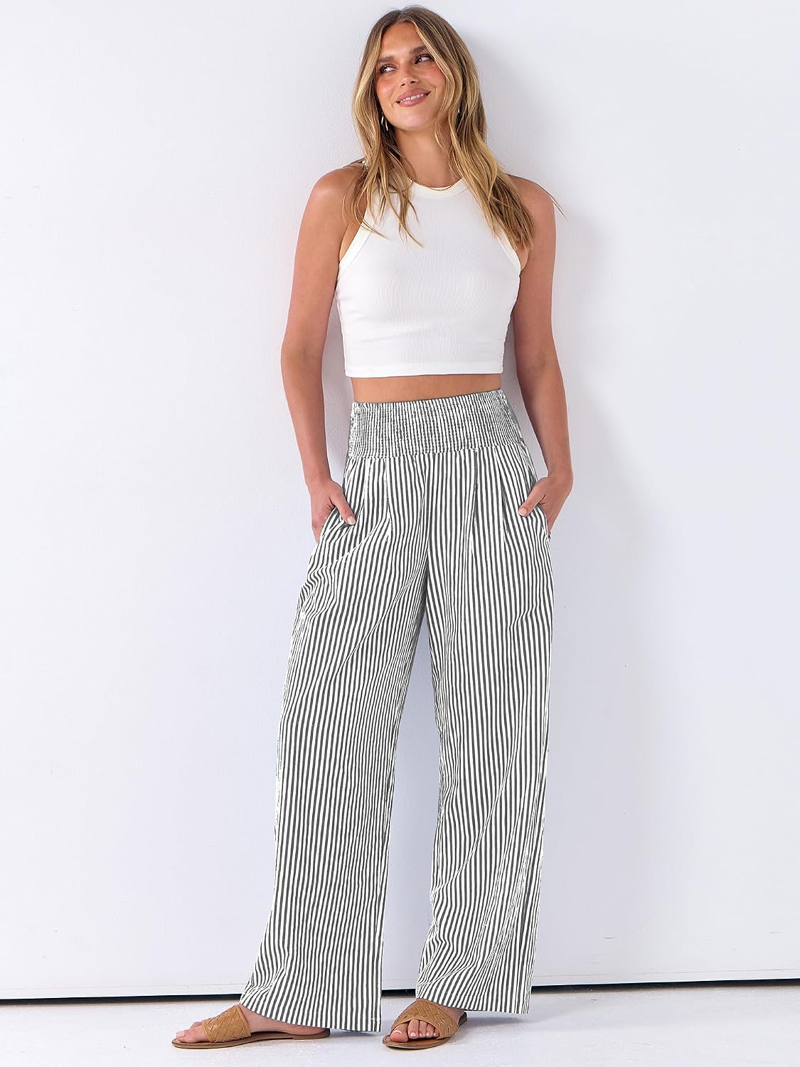 ANRABESS Womens Striped Gingham Wide Leg Palazzo Pants with Pockets