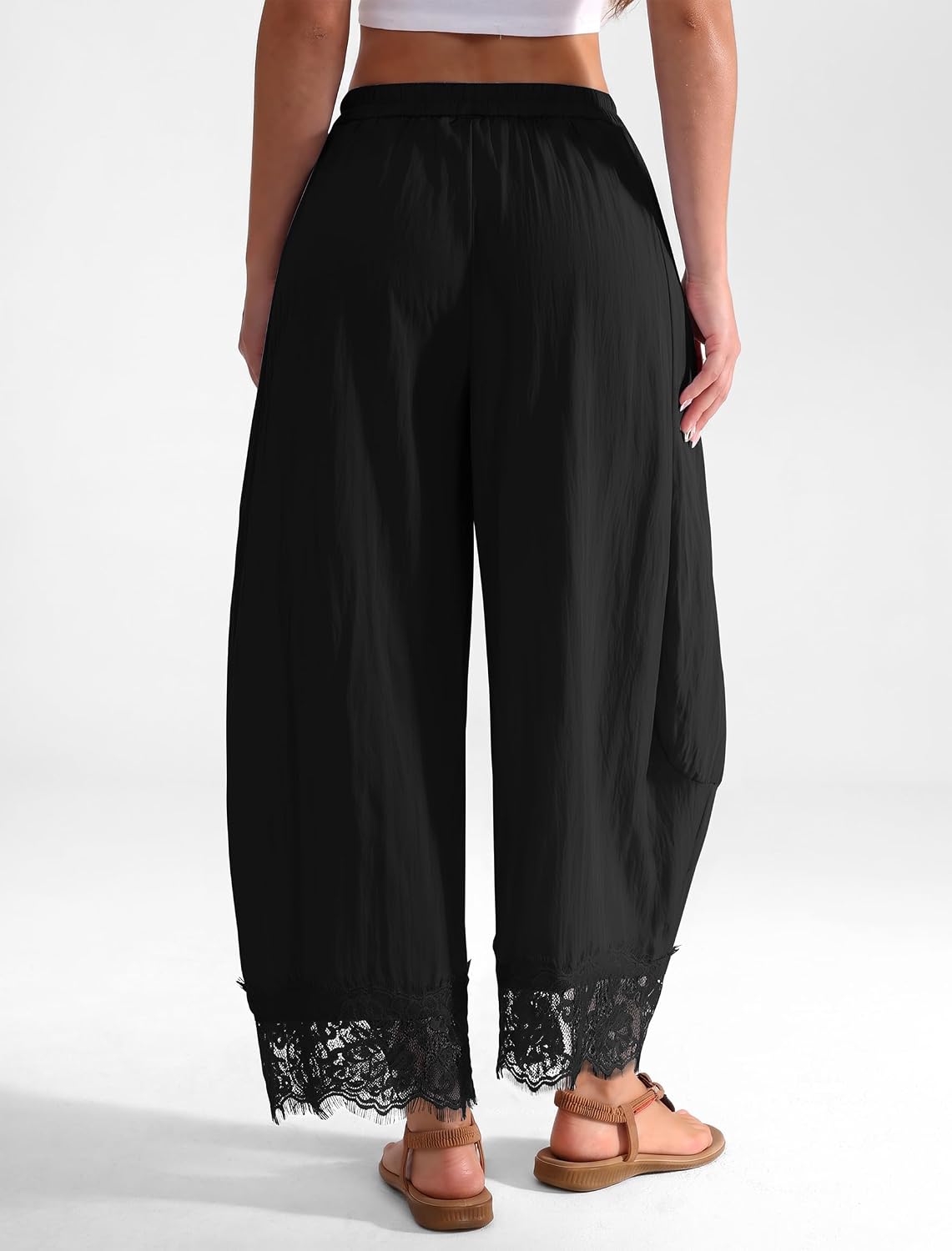 IWH Cropped Lace Trim Pants Women Wide Leg Barrel Silk Bottom Petite Length