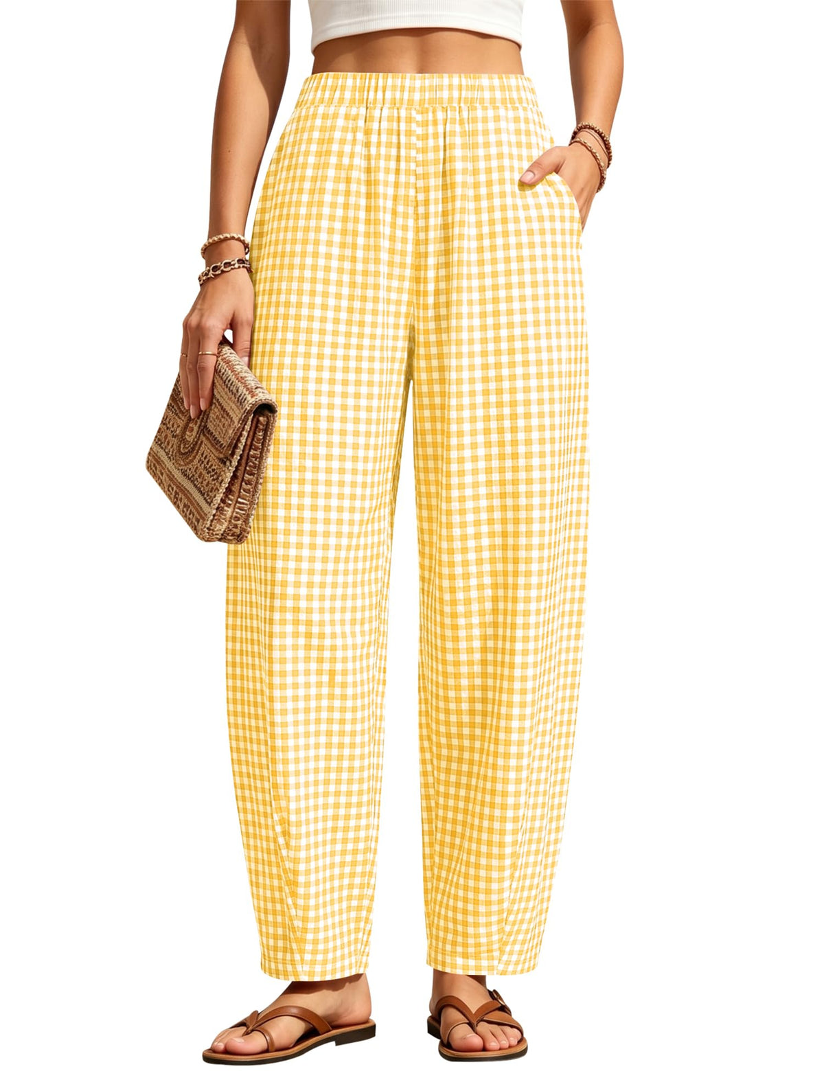 LOMON Womens Barrel Harem Travel Pants Baggy Casual Gingham Striped Bottoms