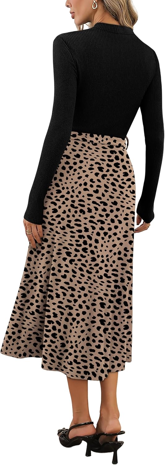 OFEEFAN Long Sleeve Dress Mock Neck Tie Waist Ribbed Knit Midi Dresses Fall Outfits