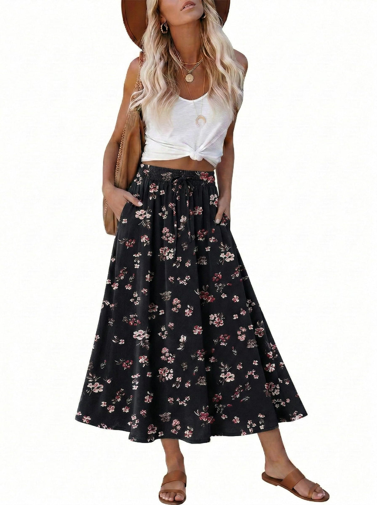 Magritta Women's Print Midi Skirt with Pocket Elastic High Waist 2026 Trendy A-Line Bohe Leopardr Swing Skirts for Women