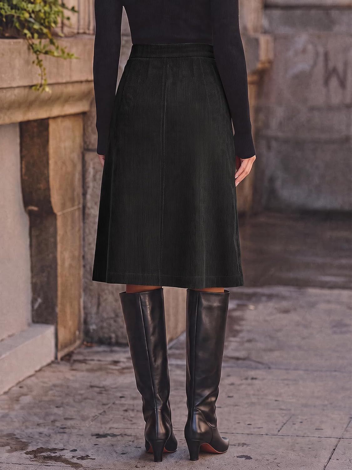 Cicy Bell Women Corduroy Midi Skirt Fall A-Line Front Slit Skirts