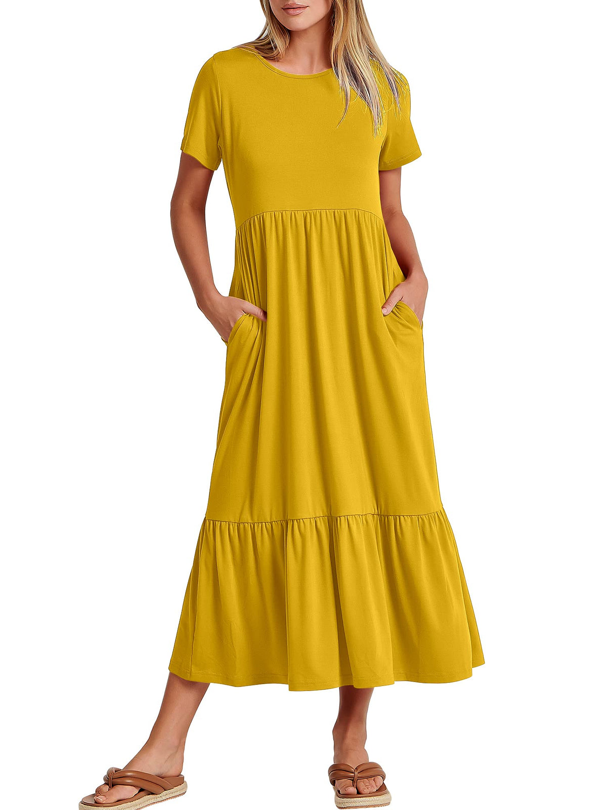 ANRABESS Womens 2026 Summer Casual Maxi Dress A line Tiered Flowy Short Sleeve Crewneck T Shirt Beach Travel Long Dresses