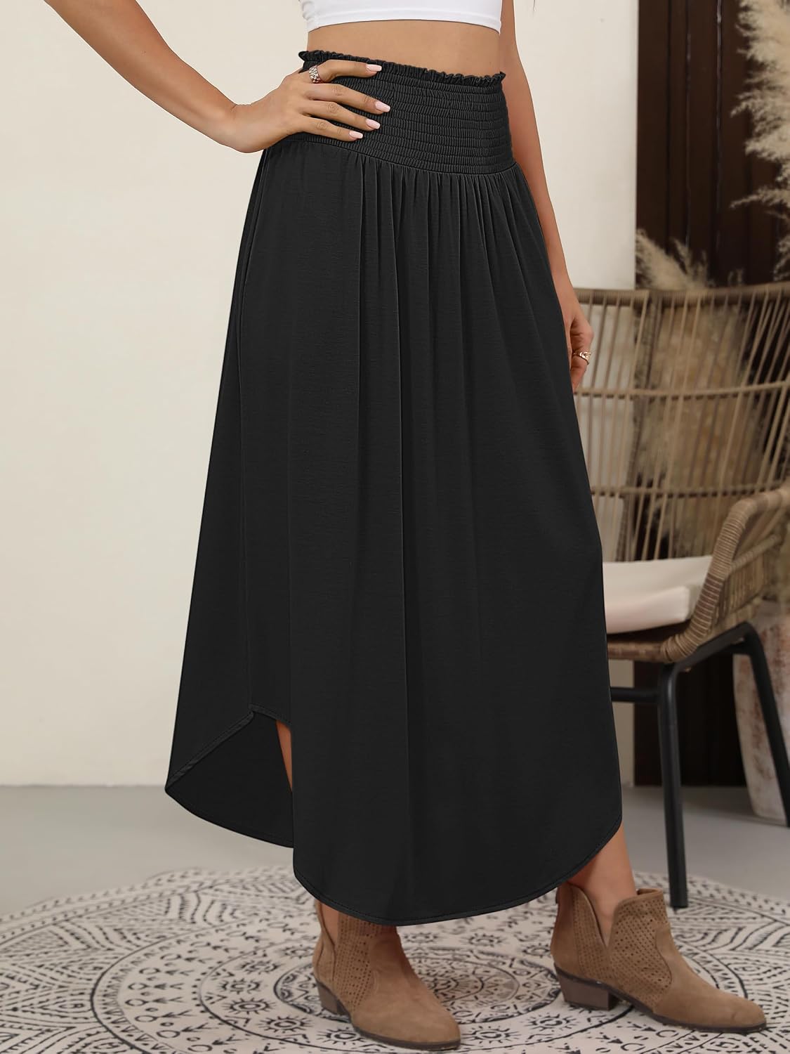 ANRABESS Women's Maxi Skirts Summer Boho Floral High Waisted Flowy Swing Pleated Beach Long Skirt with Pockets