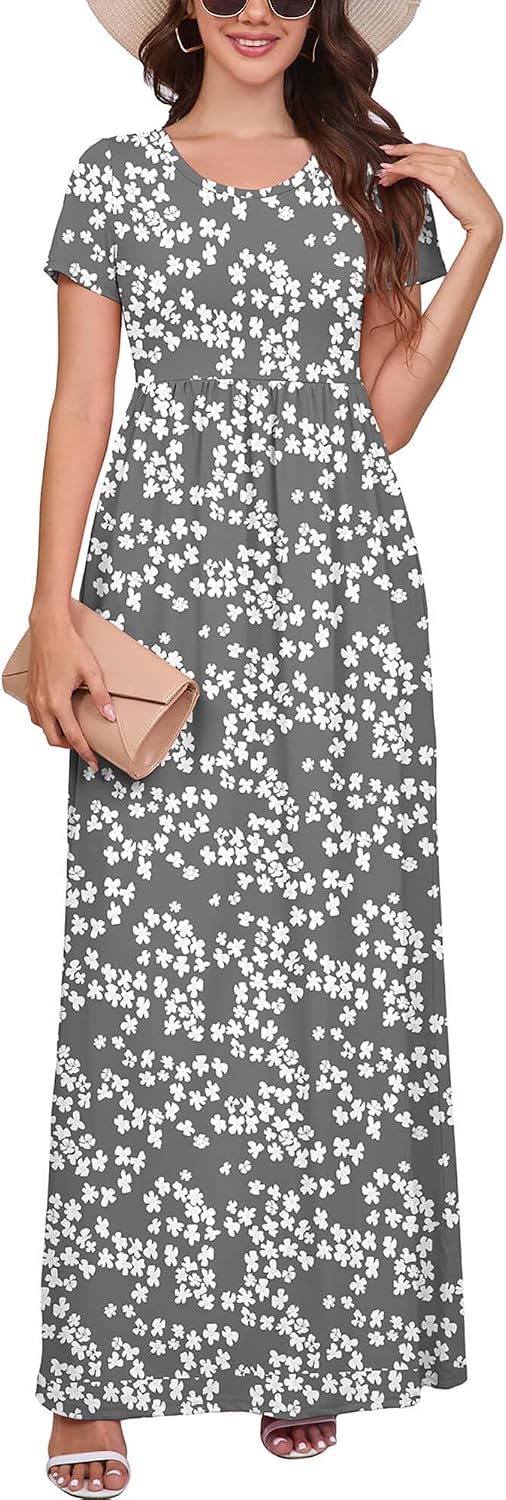 DEARCASE Maxi Dress for Women Short Sleeve Casual Summer Loose Plain Comfy Long Dresses with Pockets