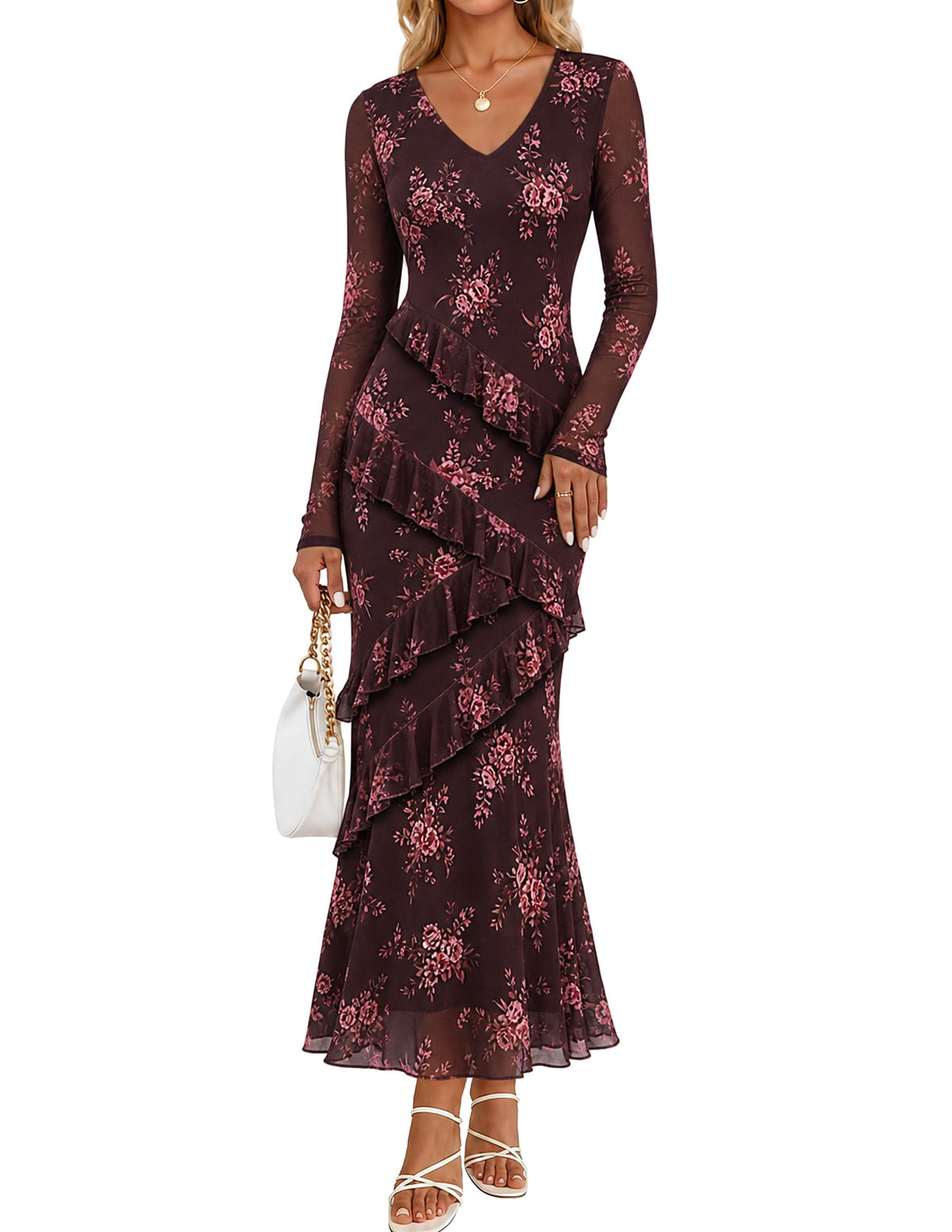 MEROKEETY Womens Fall Wedding Guest Floral Long Sleeve Bodycon Maxi Dress
