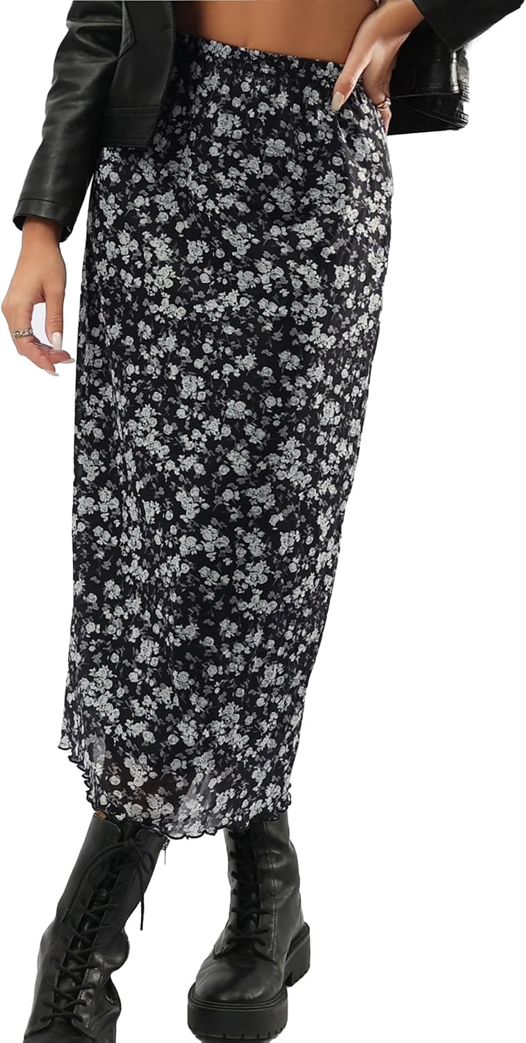 Avanova Women Mesh Floral Boho Midi Skirt High Waist Long Skirt