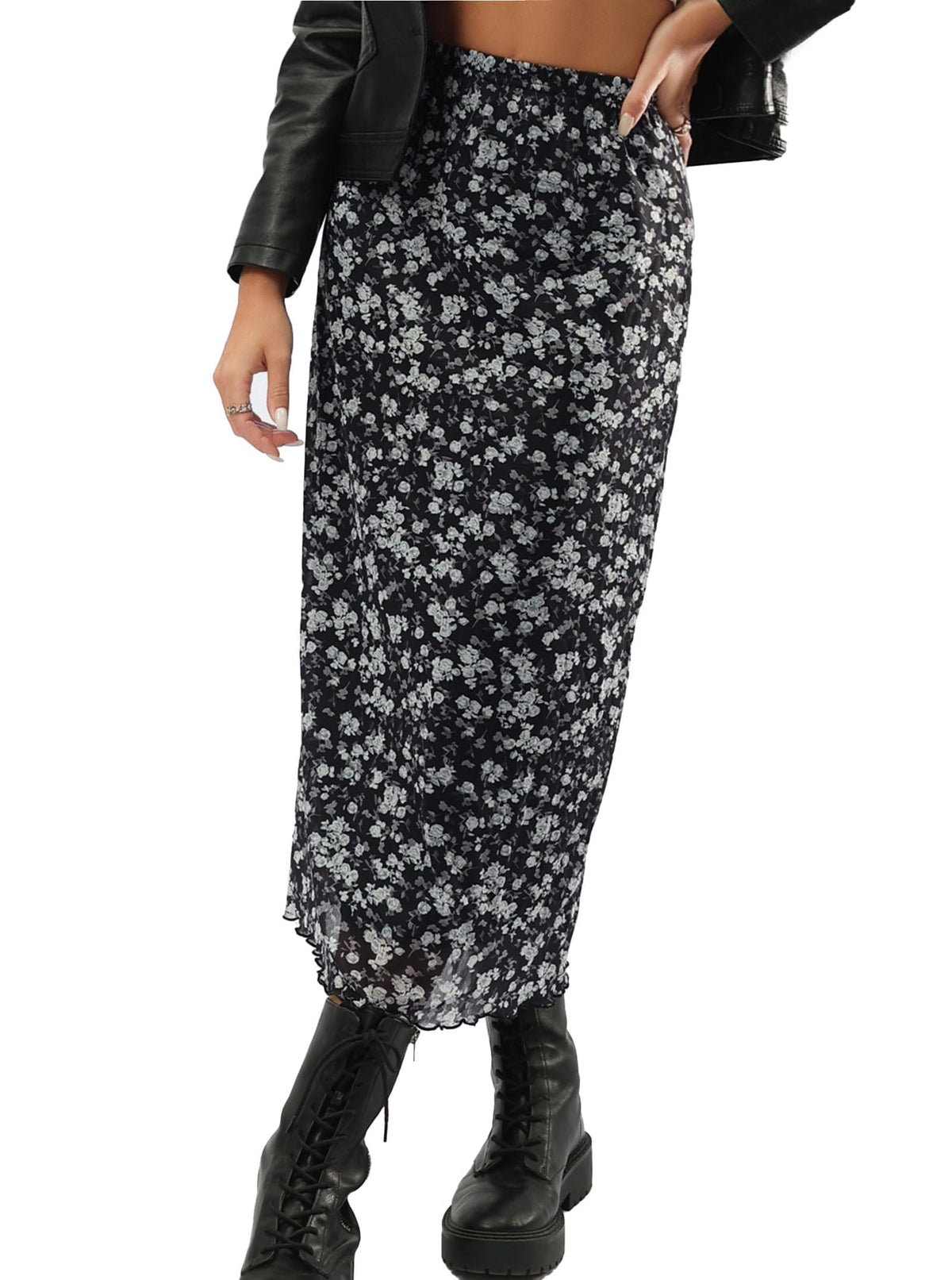 Avanova Women Mesh Floral Boho Midi Skirt High Waist Long Skirt