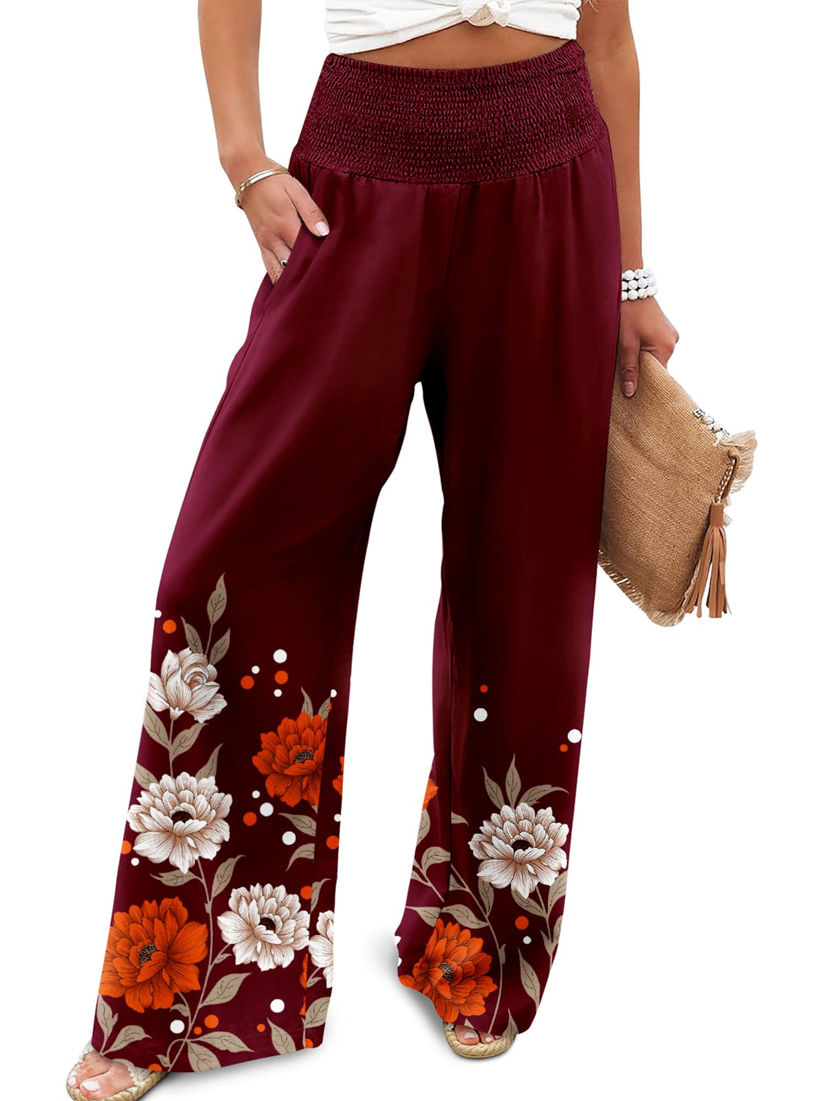 JZC Womens Wide Leg Pants Elastic High Waisted Palazzo Pants Summer Flowy Casual Trousers Beach Travel Vacation Outfits