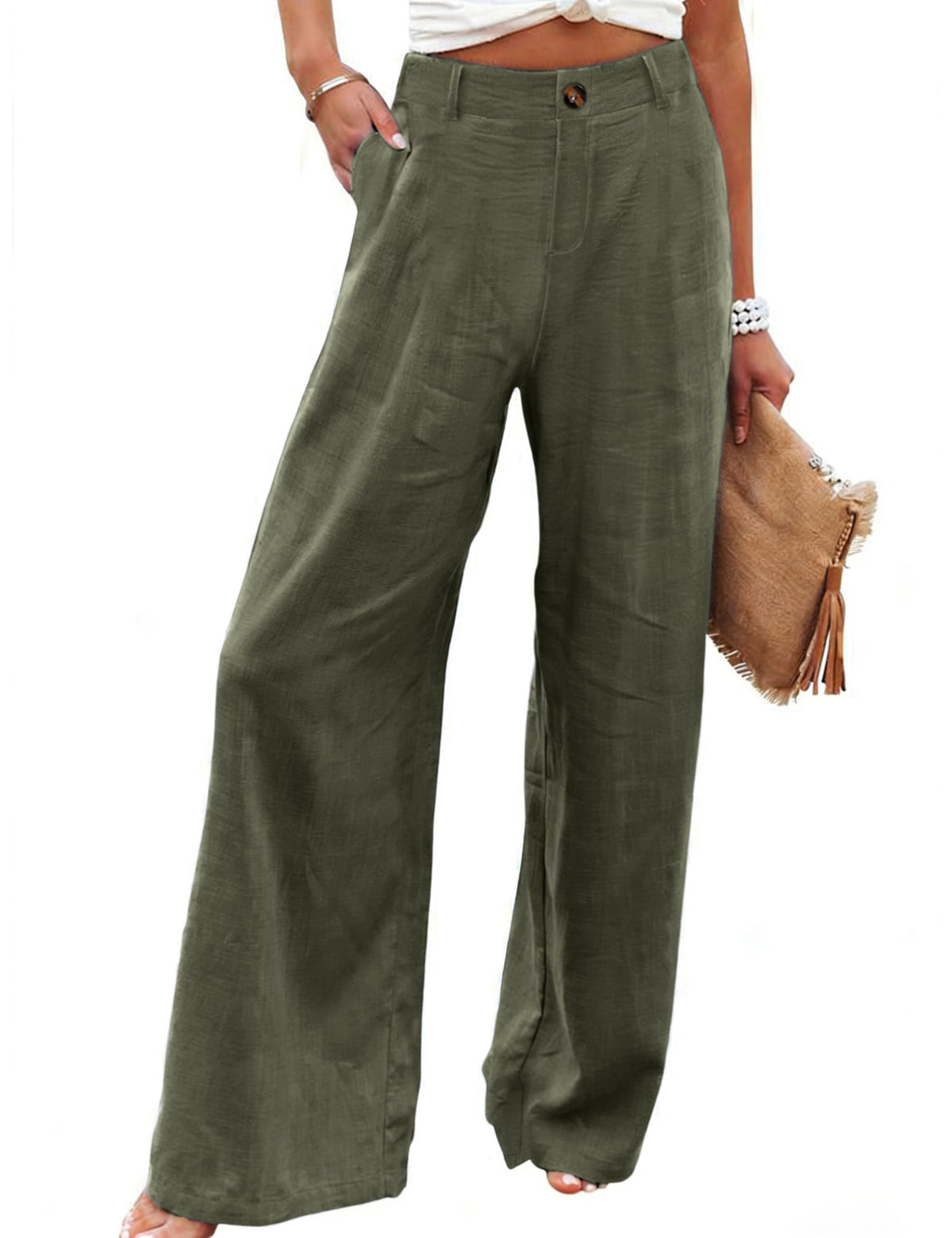 Hooever Womens Cotton Linen Pants Casual Button Up High Waisted Wide Leg Trousers