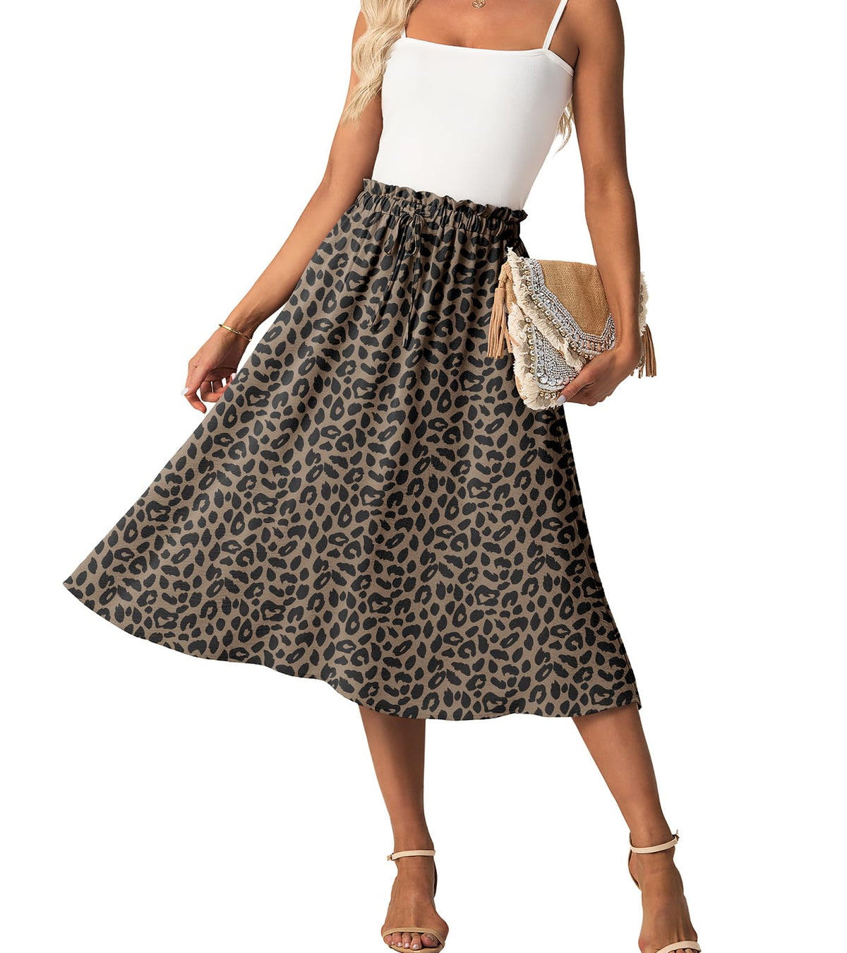 FREEOAK High Waist Skirts for Women Below Knee Casual Flowy Summer Midi Skirts Palazzo A-Line Long Skirt with Pockets