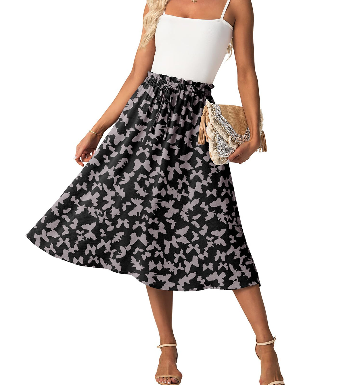 FREEOAK High Waist Skirts for Women Below Knee Casual Flowy Summer Midi Skirts Palazzo A-Line Long Skirt with Pockets