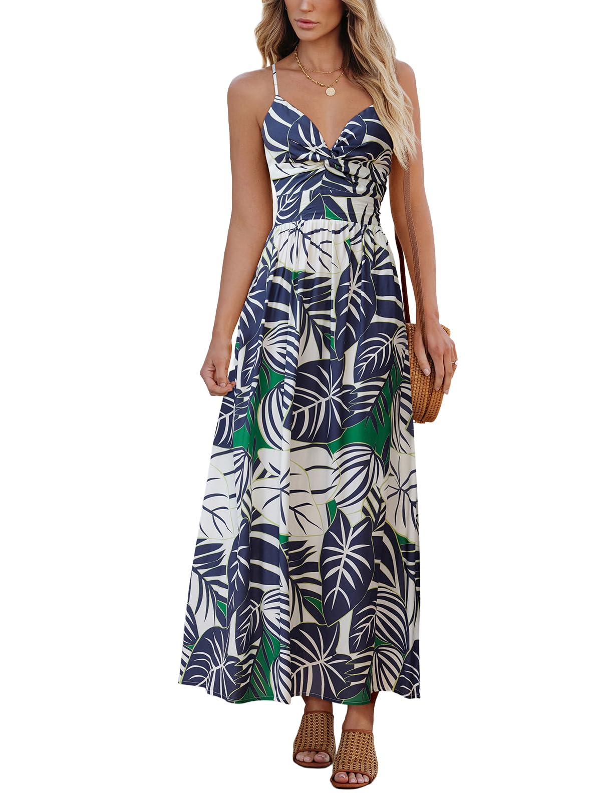 CUPSHE Women's Maxi Dress Floral Print Twisted V Neck Sleeveless Long Dress Summer Casual Dress