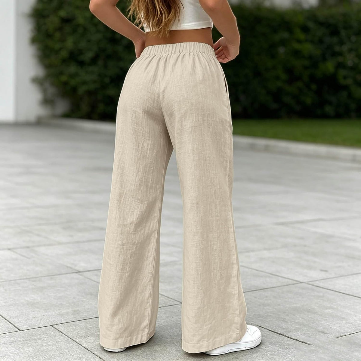 High Waisted Linen Pants Women Elastic Waist Wide Leg Flowy Lounge Pants Drawstring Palazzo Pant with Pockets