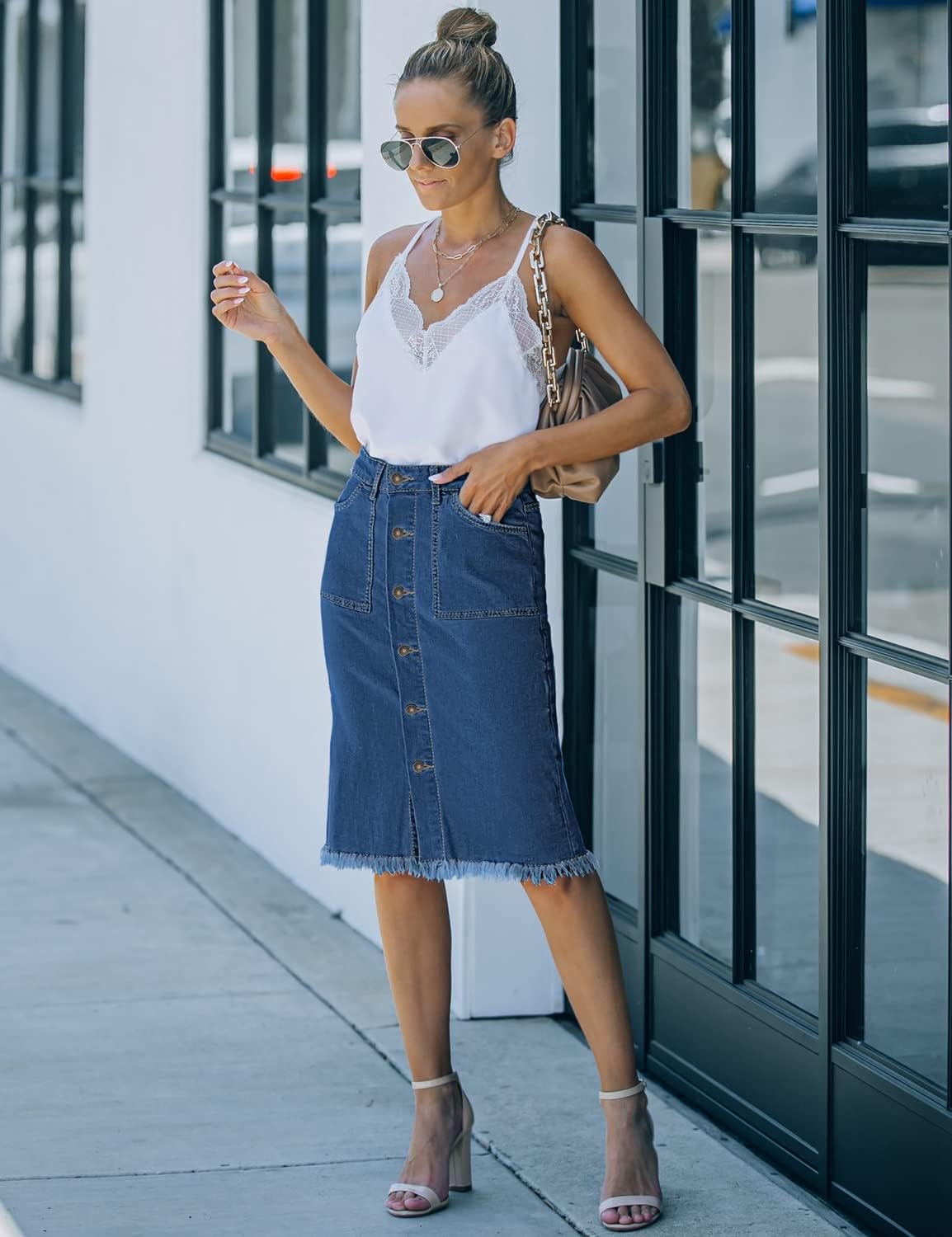 luvamia Women's Casual Mid Rise Button Down Frayed Raw Hem Denim Jean Midi Skirt