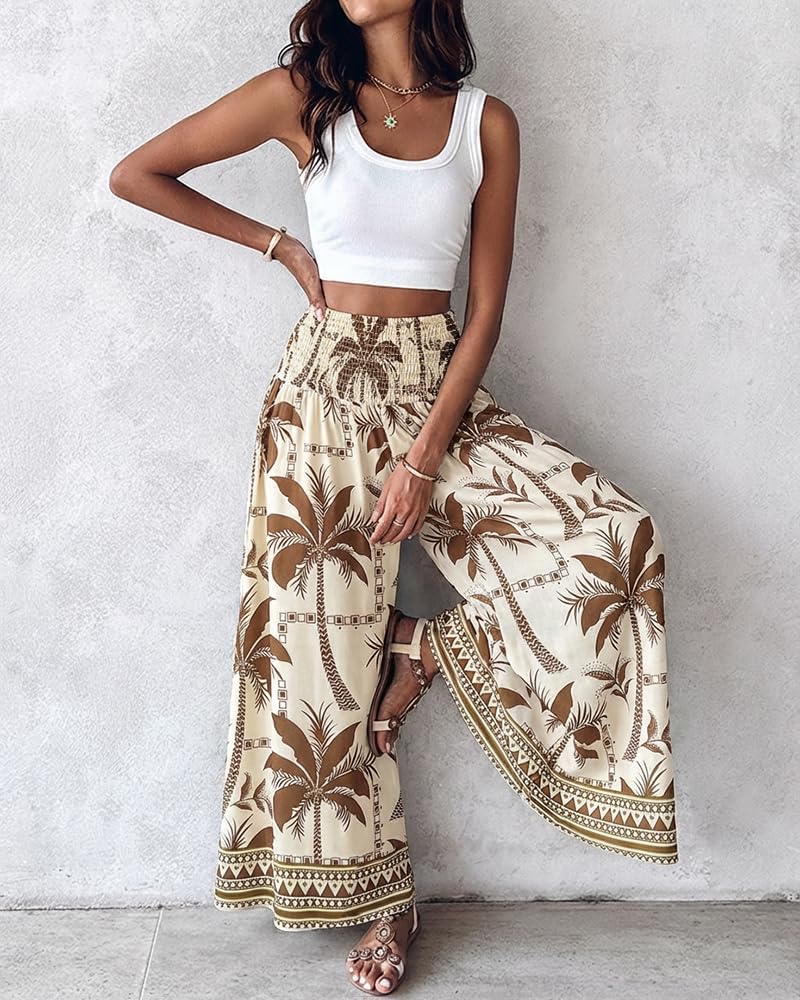 CHICME Womens Boho High Waisted Wide Leg Palazzo Pants Beach Vacation Wear