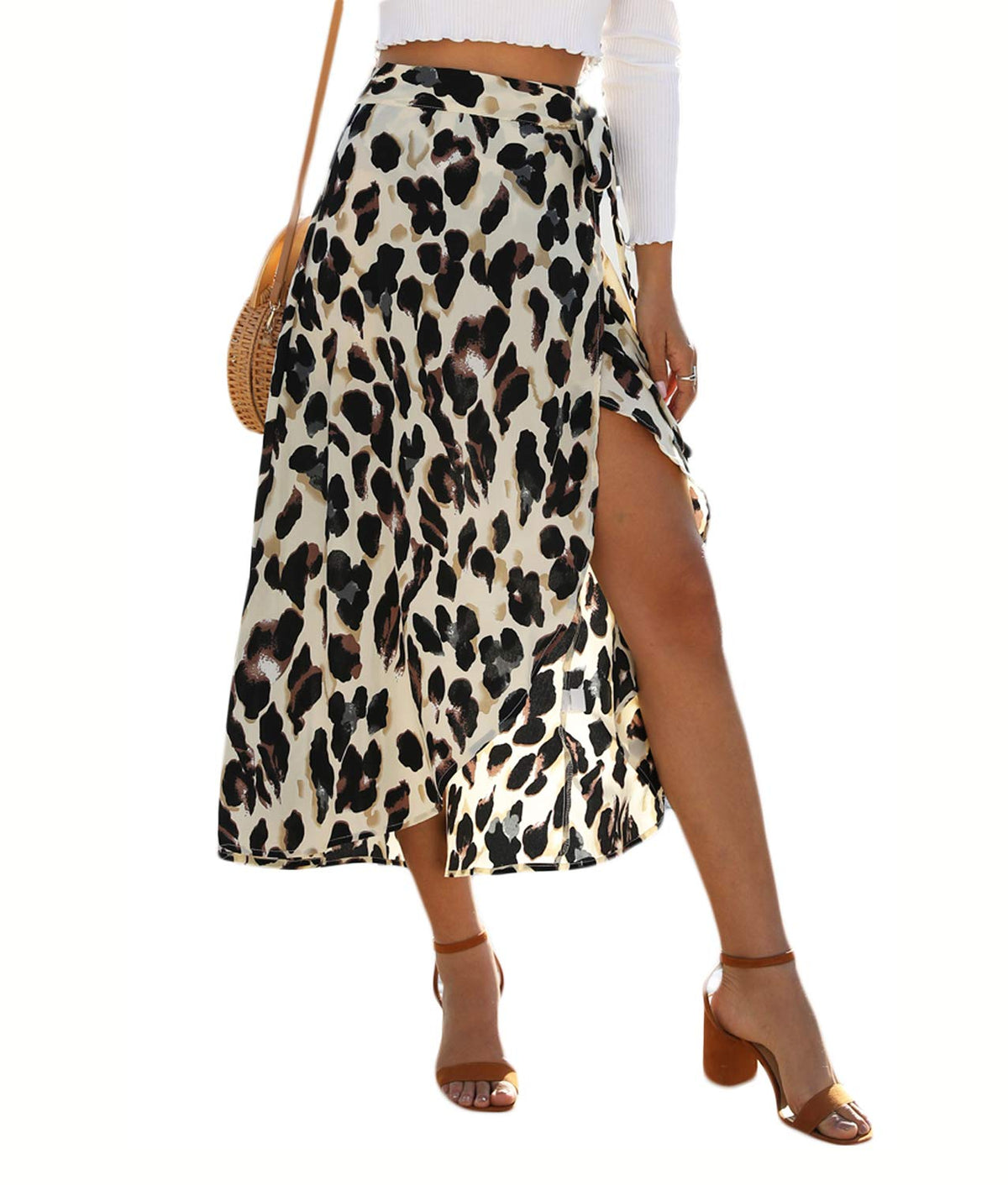 Newchoice Women's Boho Leopard Skirt High Low Split Summer Beach Midi Wrap Skirts