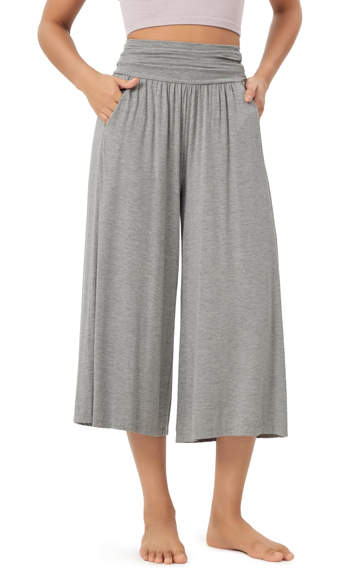 ODODOS Women's Wide Leg Palazzo Lounge Cropped Pants with Pockets Light Weight Comfy Pajama Capri Pants-20/22"/ 24" Inseam