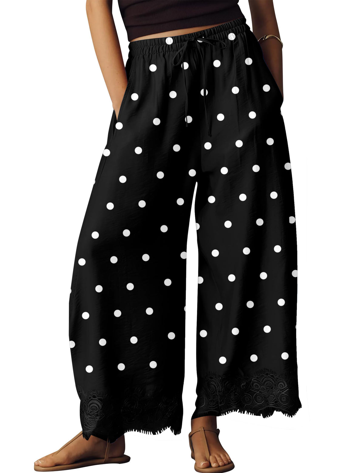 Anoumcy Lace Trim Wide Leg Pants for Women 2026 Spring Summer Cropped Lightweight Casual Pants