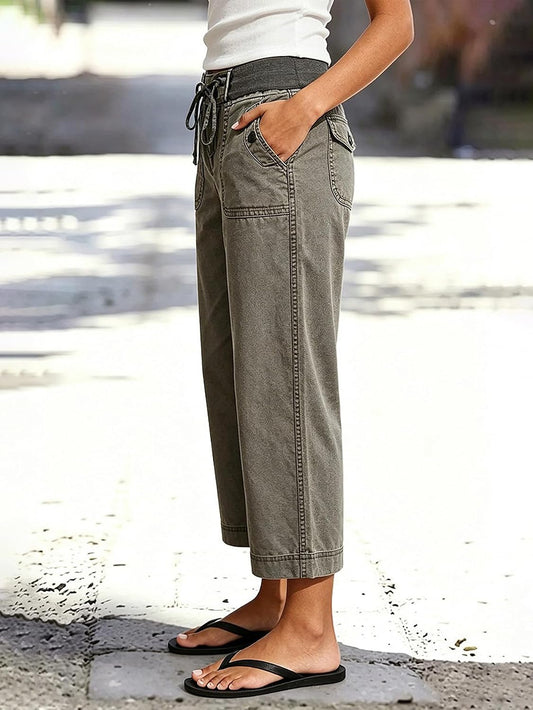 Flamingals Mid Waist Straight Leg Crop Solid Drawstring Pants for Women