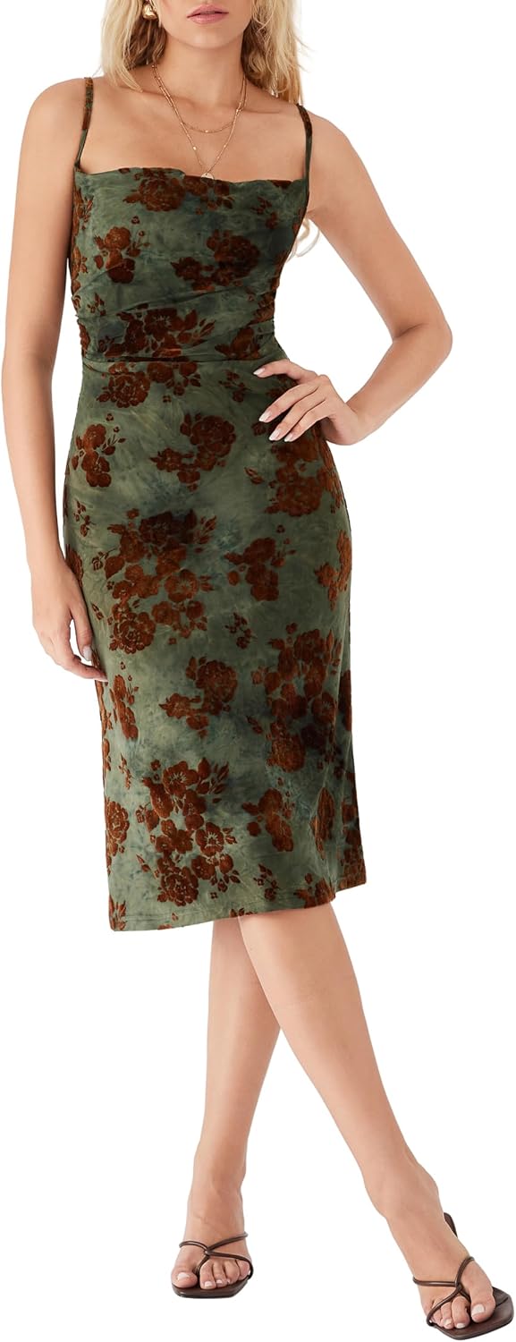 CIDER Womens Velvet Dress Floral Sleeveless Midi Wedding Guest Dresses