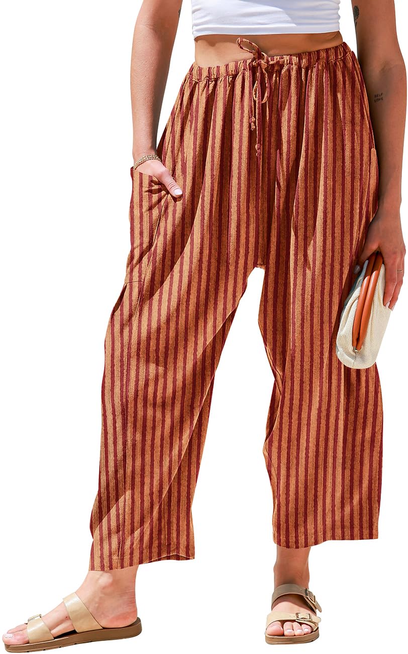 TARSE Womens Wide Leg Striped Linen Pants with Pocket