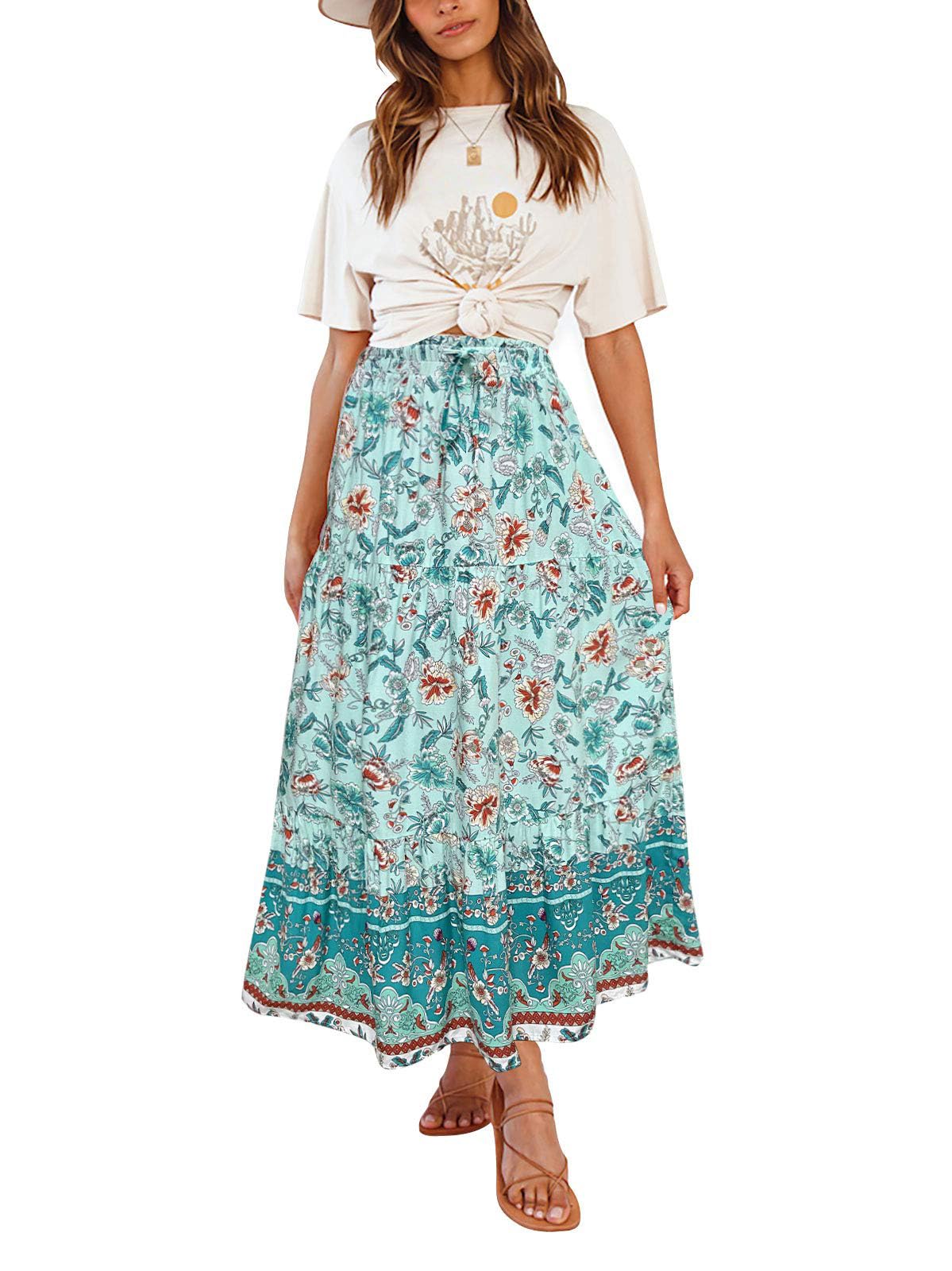 ZESICA Women's Bohemian Floral Printed Elastic Waist A Line Maxi Skirt