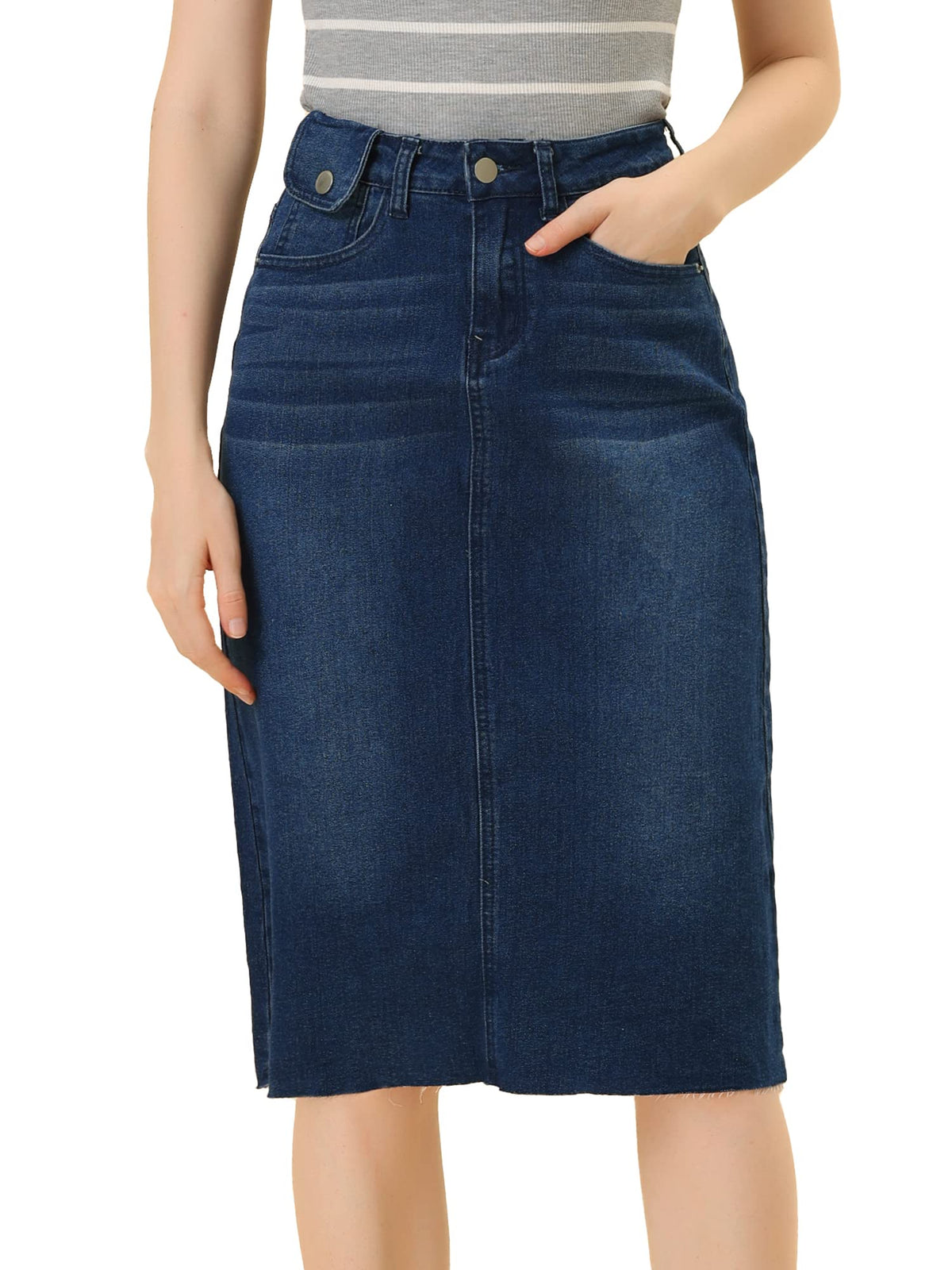 Allegra K Women's Casual Jean Skirt Raw Hem Stretch High Waist Denim Skirts