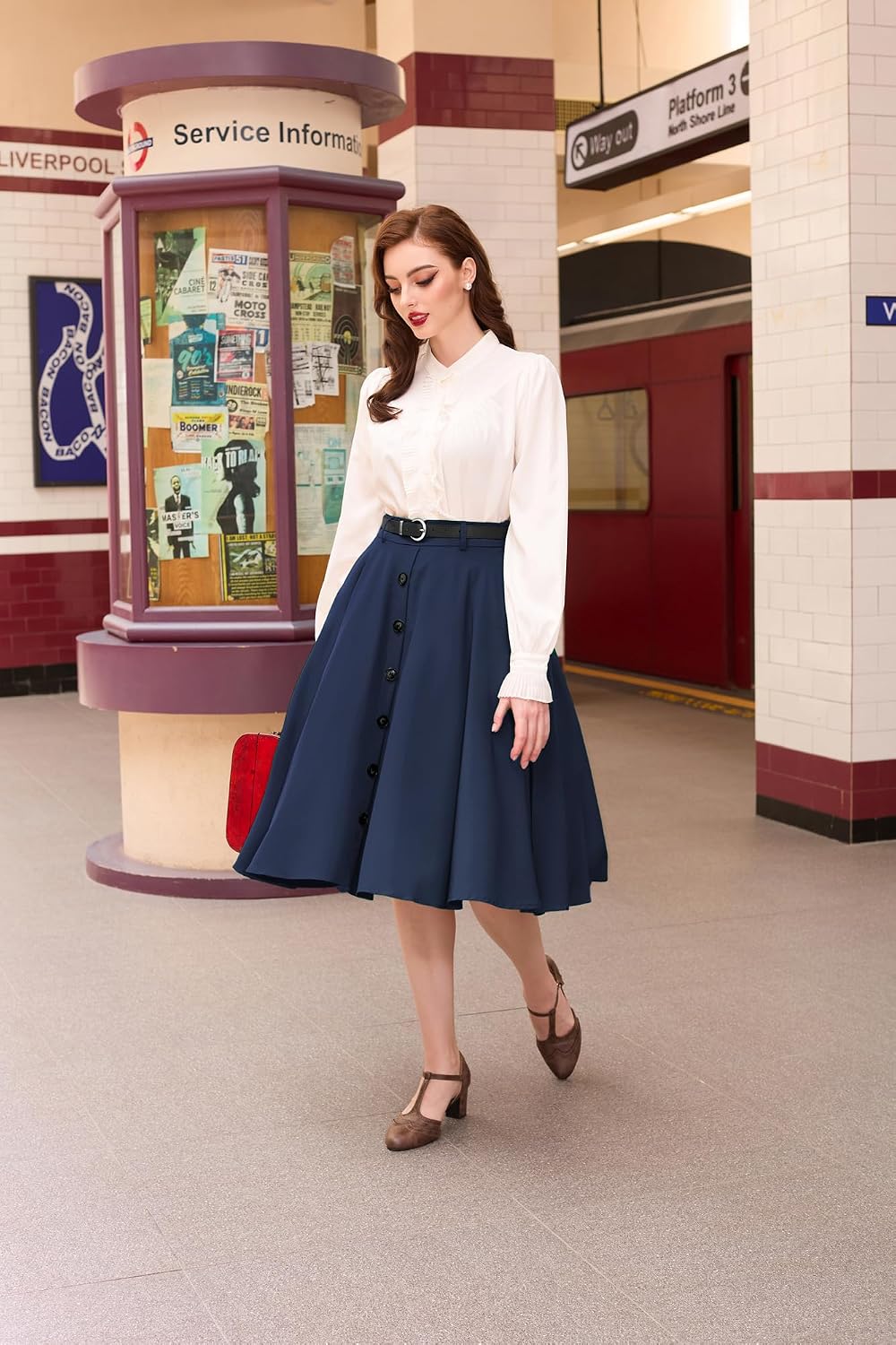 Belle Poque Women's Vintage Stretch High Waist A-Line Flared Midi Skirts with Pockets & Belts
