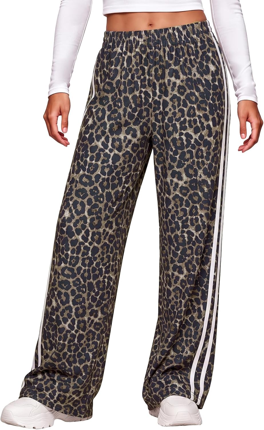 Aoysky Womens Wide Leg Leopard Pants Elastic Waist Side Striped Trousers