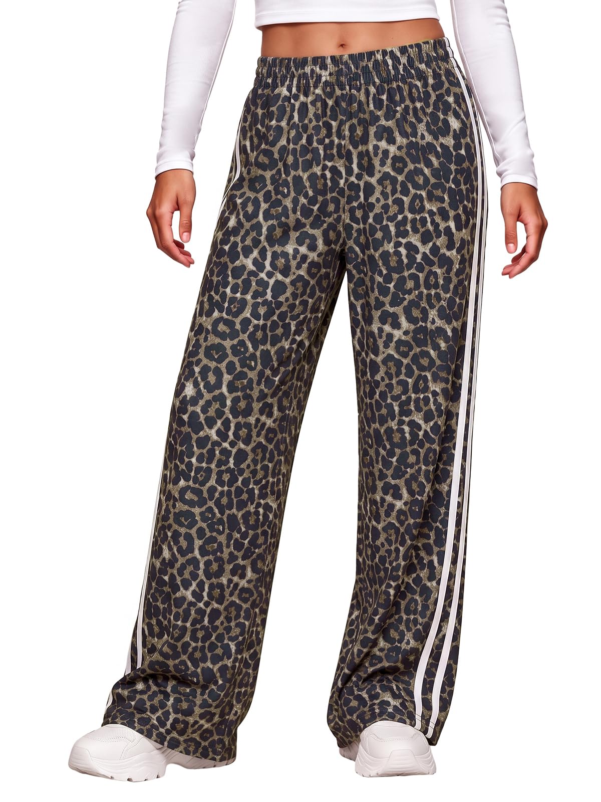 Aoysky Womens Wide Leg Leopard Pants Elastic Waist Side Striped Trousers
