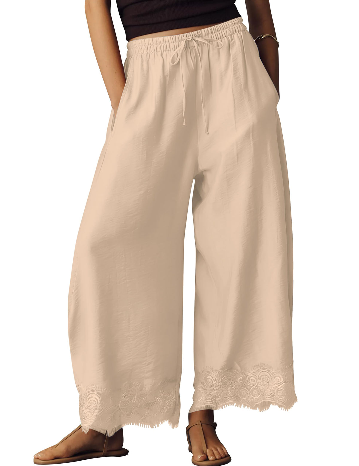 Anoumcy Lace Trim Wide Leg Pants for Women 2026 Spring Summer Cropped Lightweight Casual Pants