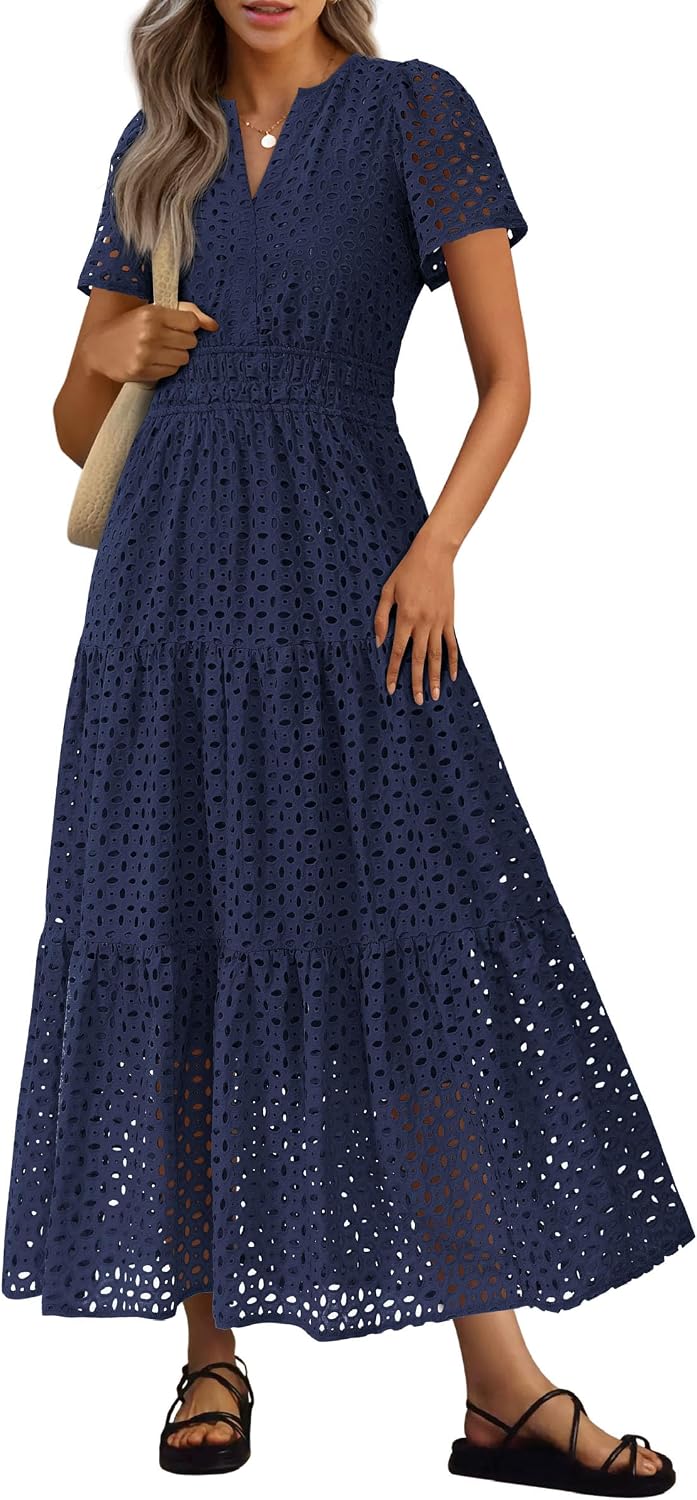 PRETTYGARDEN Women's Summer Hollow Out Eyelet Maxi Dress