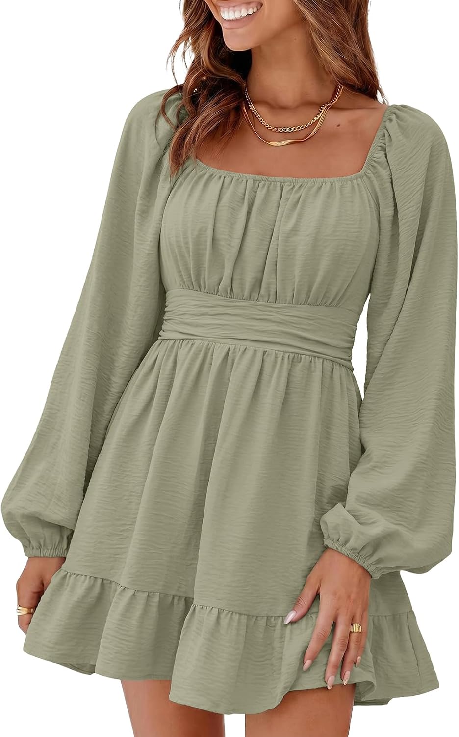 Dokotoo Womens Dress Lantern Sleeve Elastic Waist Tie Backless Mini Dress