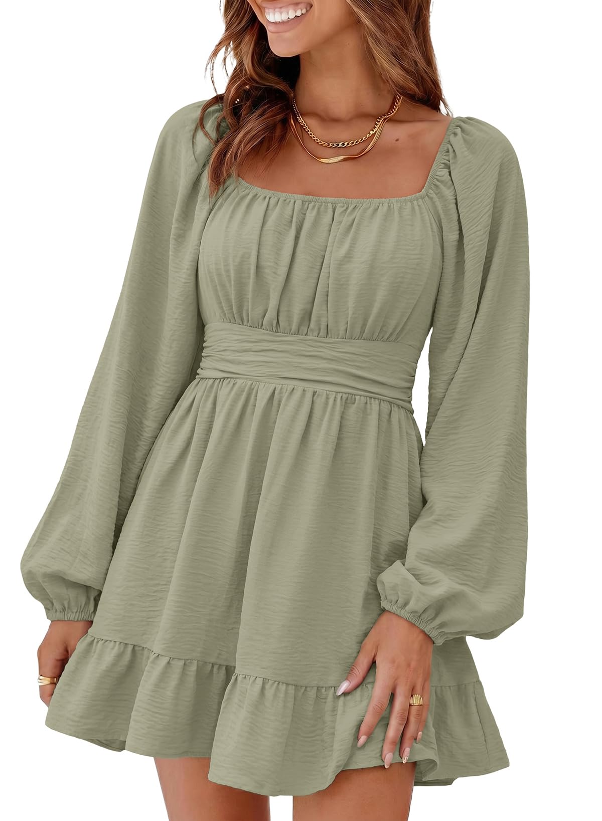 Dokotoo Womens Dress Lantern Sleeve Elastic Waist Tie Backless Mini Dress