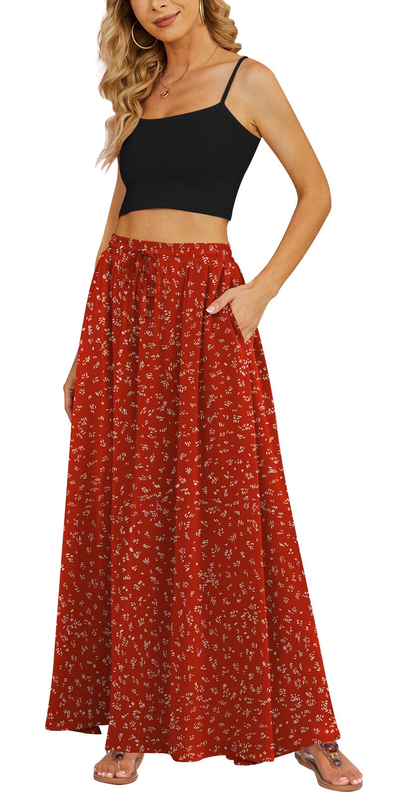 Yincro Women's Maxi Skirt Flowy High Waist Casual Long Skirts with Pockets