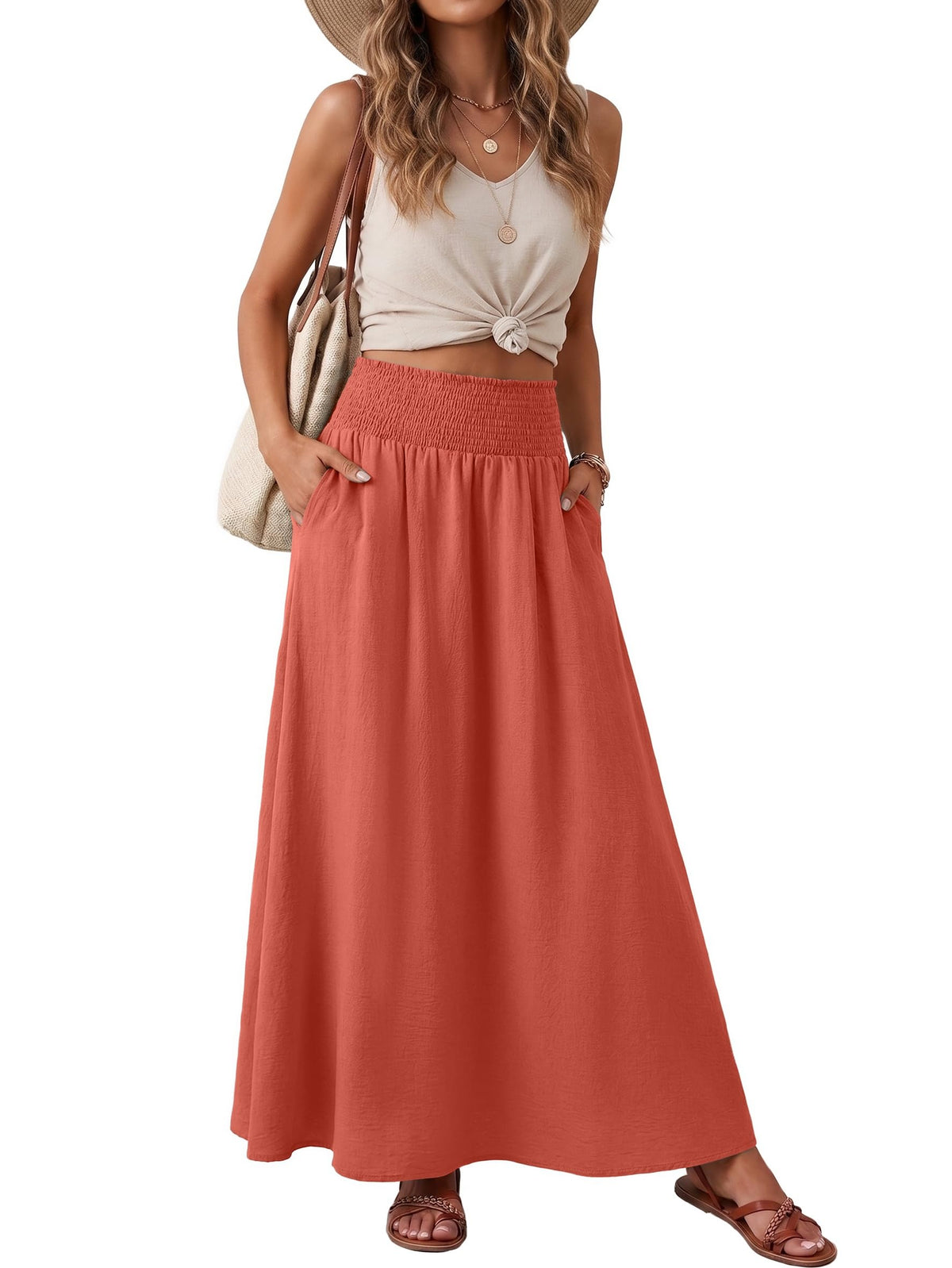 Lepunuo Maxi Skirts for Women Smocked Elastic High Waisted Casual Boho Swing Pleated Beach Long Skirts with Pockets