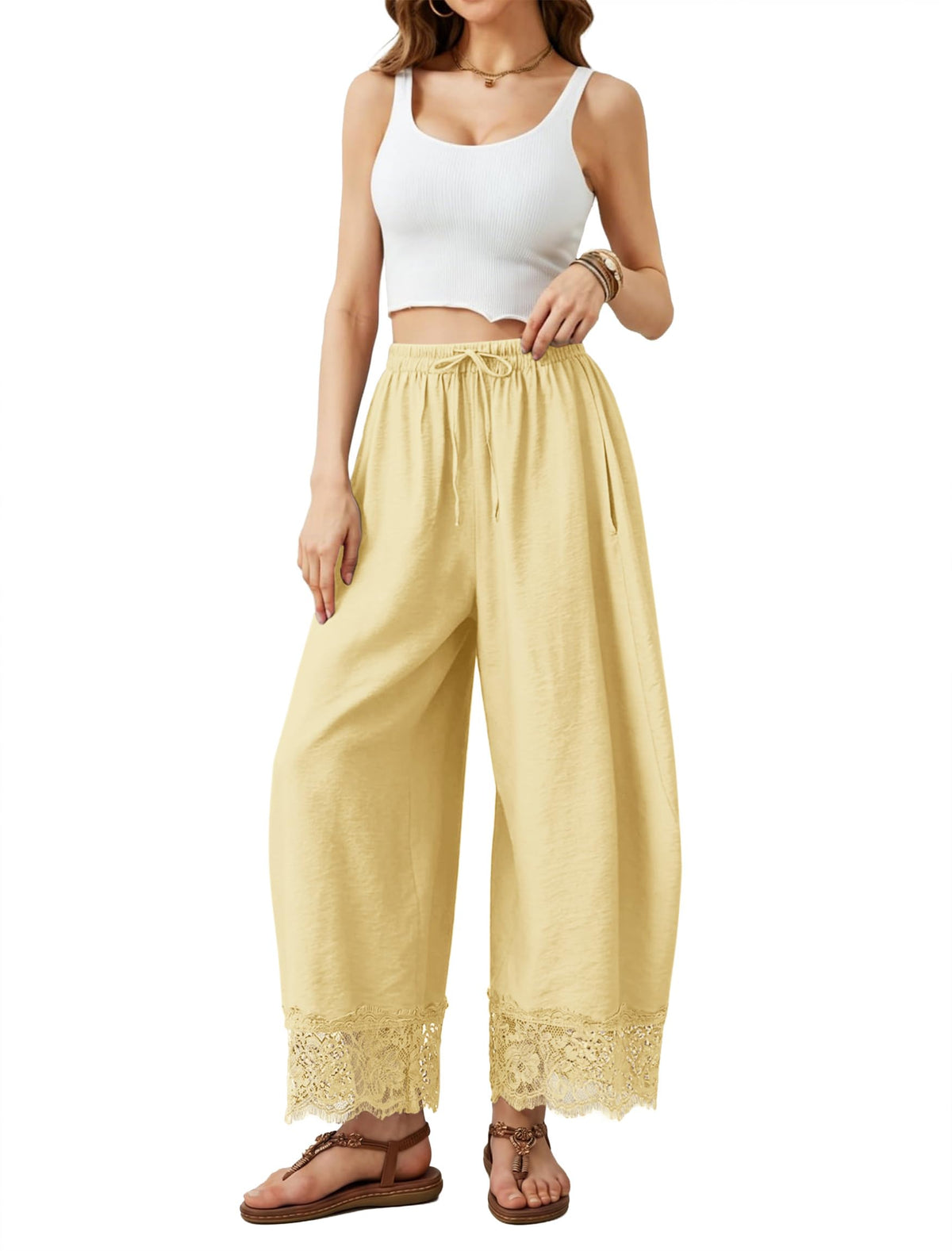 IWH Cropped Lace Trim Pants Women Wide Leg Barrel Silk Bottom Petite Length
