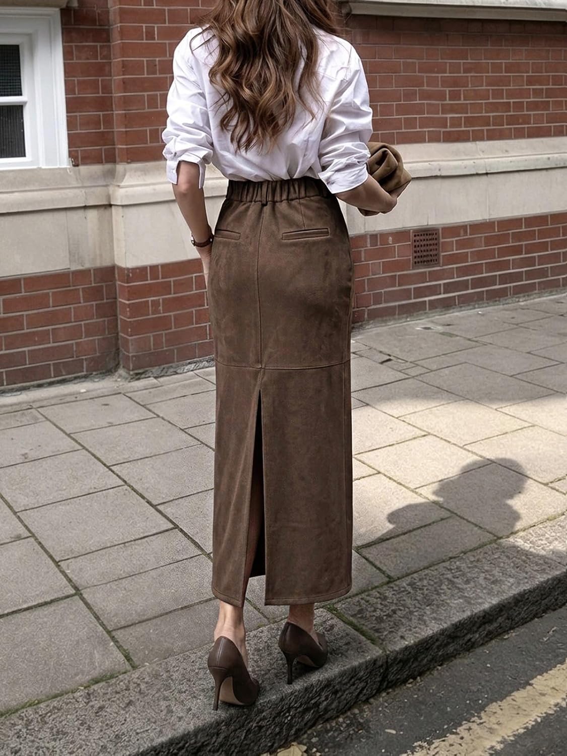 Cicy Bell Womens Suede Maxi Skirt High Waisted Slit Patchwork Pencil Skirts