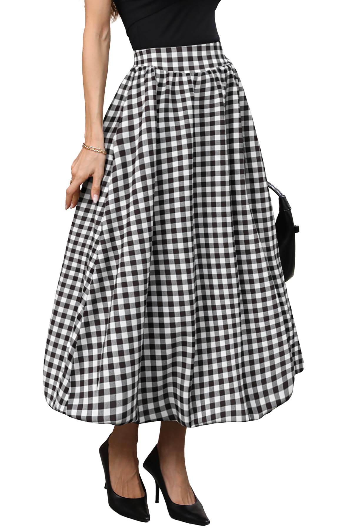 ELLEVEN Women's Bubble Maxi Skirt, Elastic Waist Puffy Hem A-Line Skirts