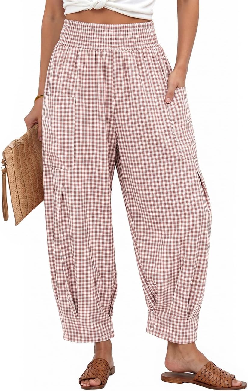 TARSE Women's Linen Gingham Pants Baggy High Waist Palazzo Pants