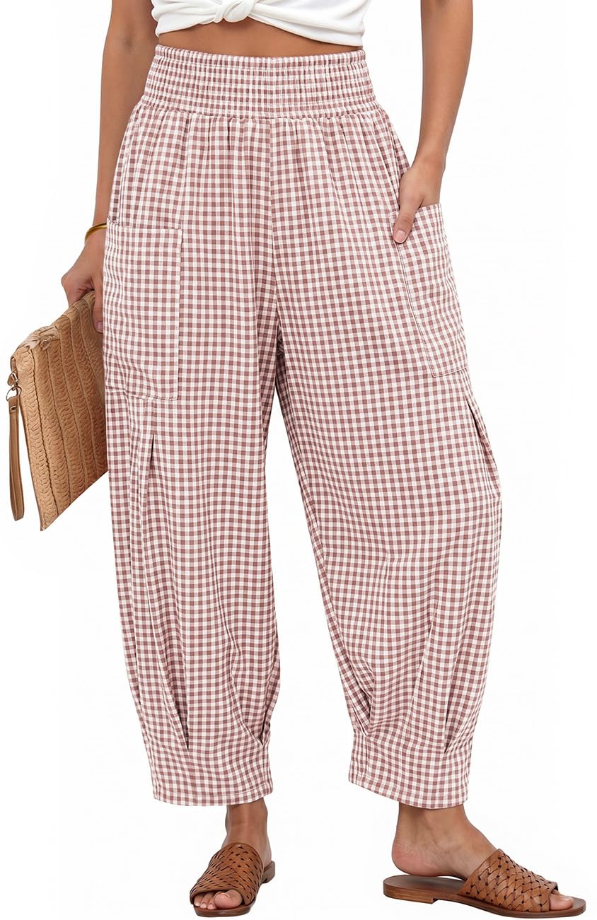 TARSE Women's Linen Gingham Pants Baggy High Waist Palazzo Pants