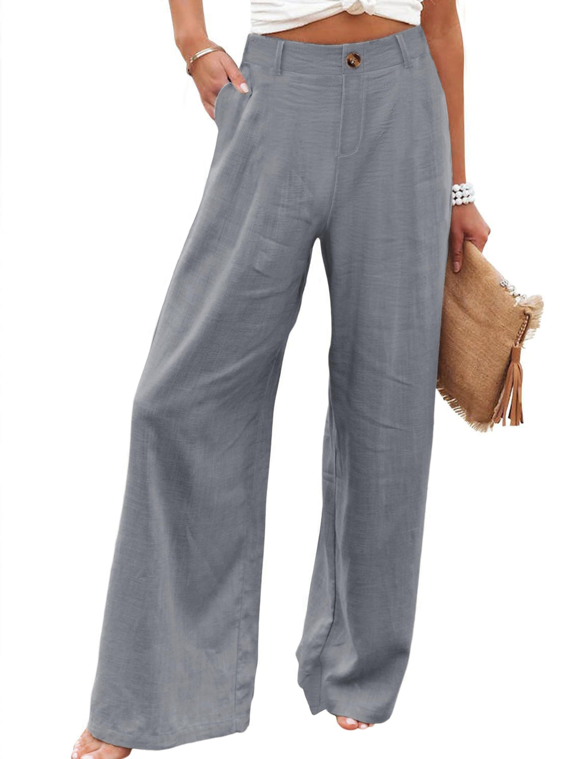 Hooever Womens Cotton Linen Pants Casual Button Up High Waisted Wide Leg Trousers