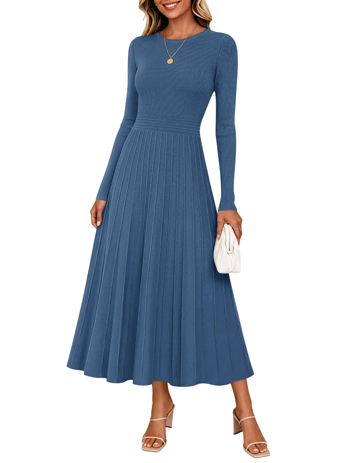 ZESICA Womens Fall Winter Pleated Cocktail Party Midi Sweater Dress
