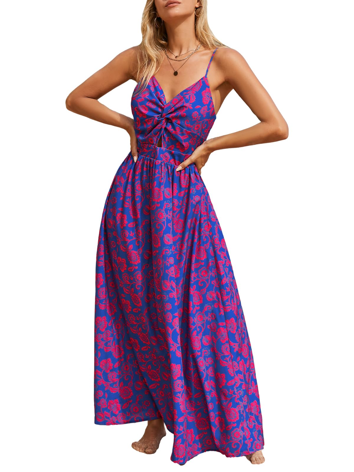 CUPSHE Women's Maxi Dress Floral Print Twisted V Neck Sleeveless Long Dress Summer Casual Dress