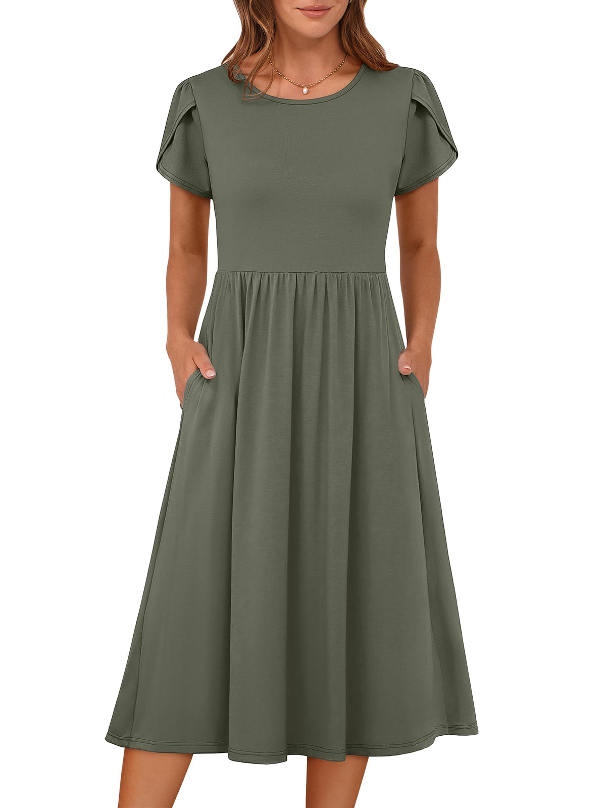 ANRABESS Women's Summer Petal Short Sleeve Midi Dress with Pockets